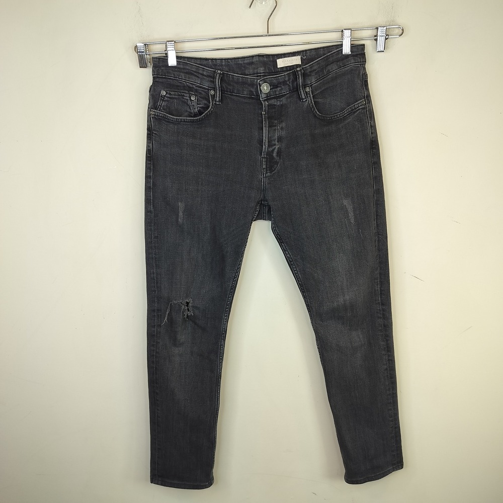 AllSaints Rex Jeans Mens 34 x 29 Slim Button Fly Distressed Faded Black
